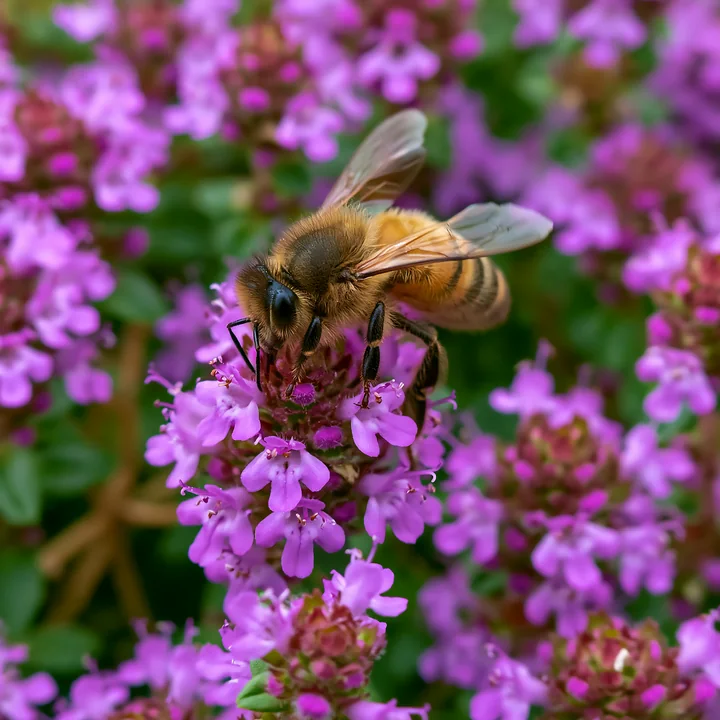 A honey bee on thyme flower gathers nectar in a lush garden setting filled with pink blooming flowers.