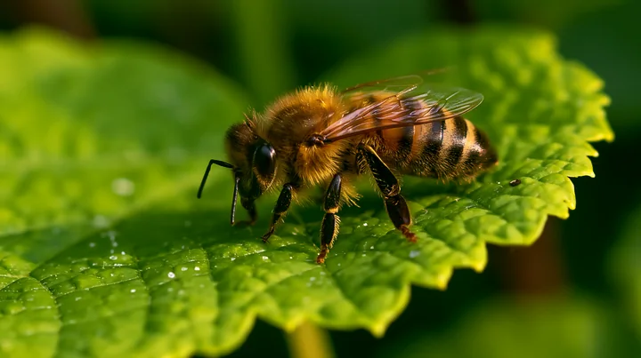 A honey bee resting on a green leaf in a garden, surrounded by other foliage and natural light.