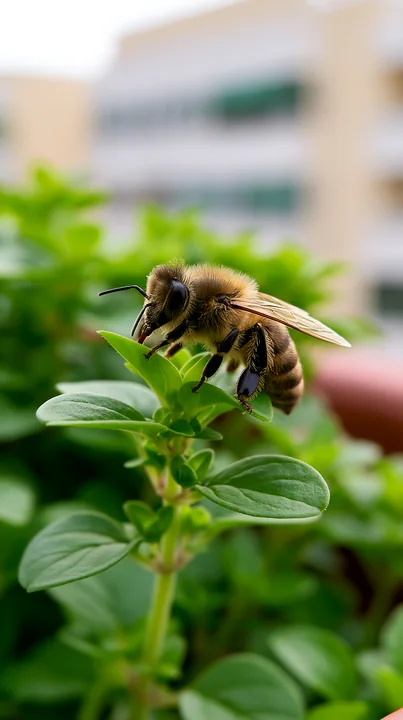 A honey bee resting on a green leaf in an urban garden.