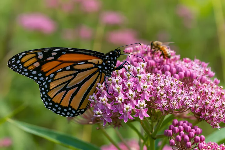 A honey bee resting on a leaf is near a butterfly on pink flowers in a garden.