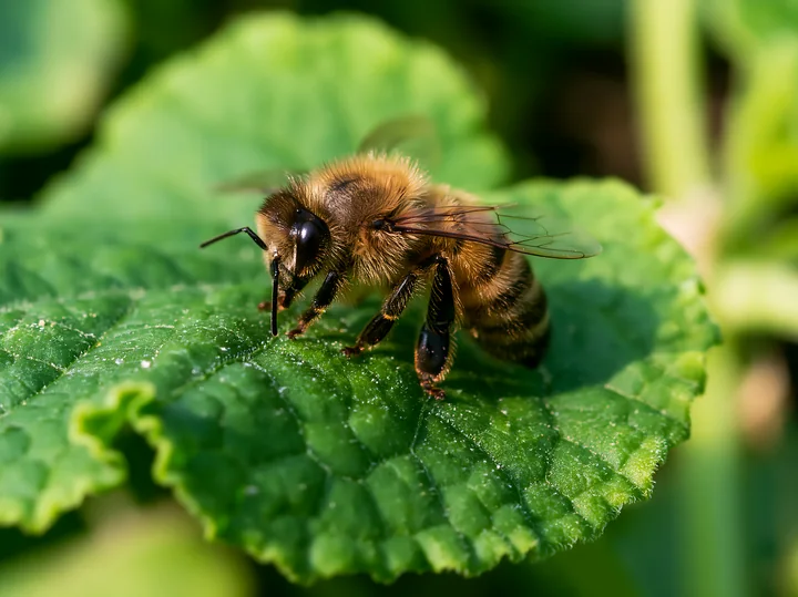 A honey bee resting on a leaf with visible veins, surrounded by green plant life.