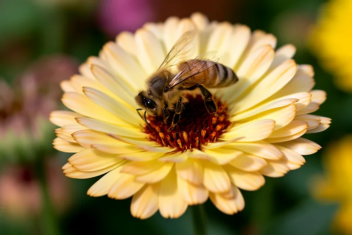 A honey bee searching flower center on a yellow bloom gathers nectar in a garden full of colorful flowers.