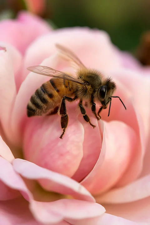 A honey bee sits on a pink flower, collecting nectar while its hairs are clearly visible.
