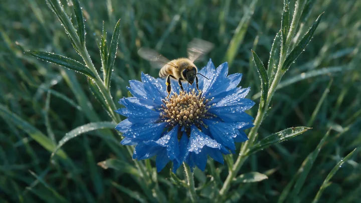 A honey bee taking off from a blue flower with dew droplets in a green environment.