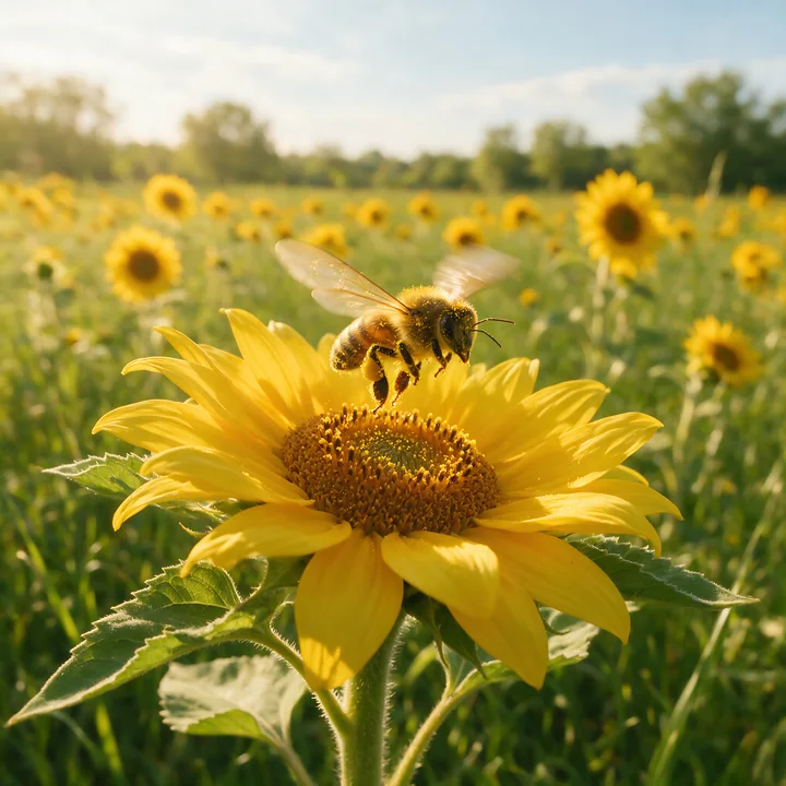 A honey bee taking off from a sunflower in a field.