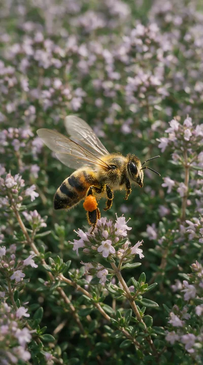 A honey bee taking off from flower collects pollen in a field filled with small purple blossoms.