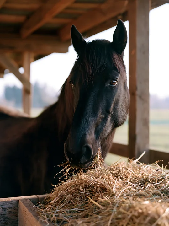 A horse eating hay stands in a barn with wooden beams.