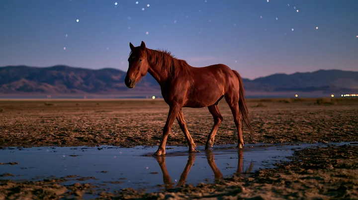 A horse in a starlit desert walks near a small puddle reflecting the night sky.