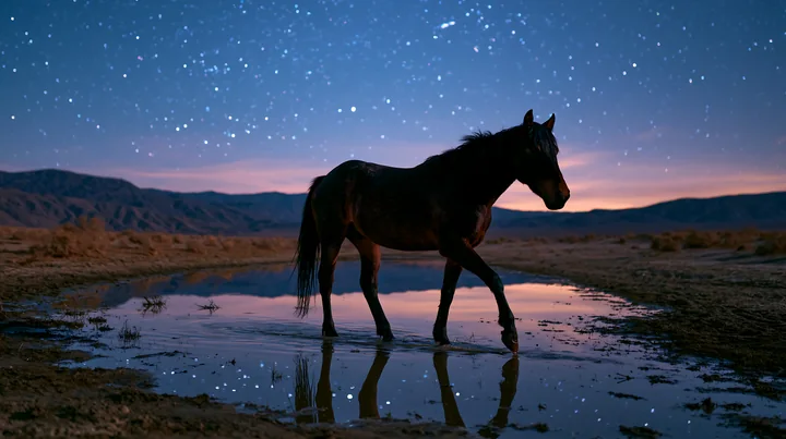 A horse in a starlit desert walks through shallow water, reflecting the night sky.