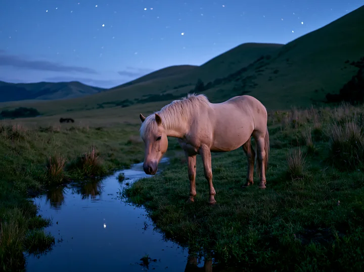 A horse in a starlit grassland stands by a small stream under a clear night sky.