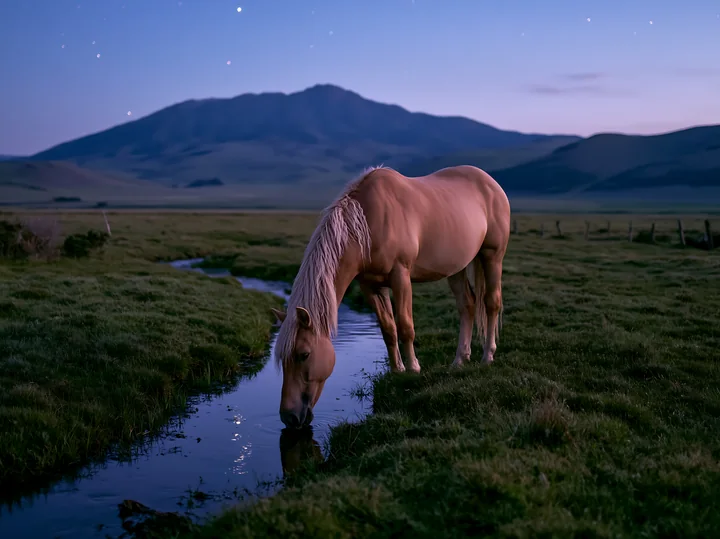A horse in a starlit grassland stands by a small stream while grazing.