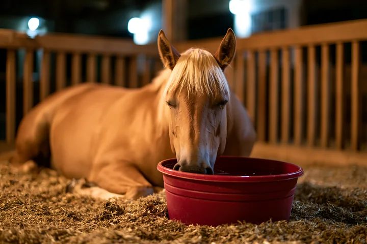 A horse is resting on straw in a stall while eating from a bowl.
