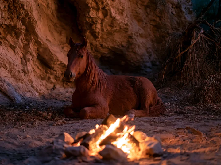 A horse lies near a campfire glow at night in a rocky setting.