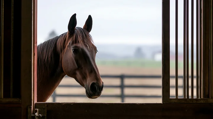 A horse looking through stable door gazes outside into a grassy field.