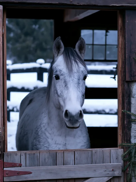 A horse looking through stable door stands in a snowy environment.