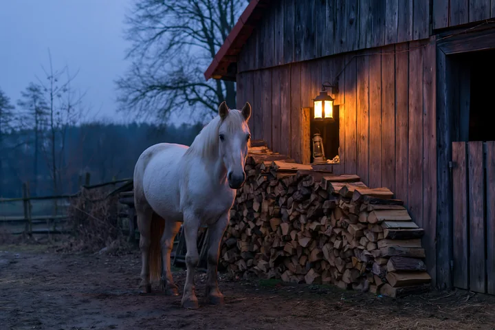 A horse near a lantern-lit stable stands beside stacked firewood as dusk falls.