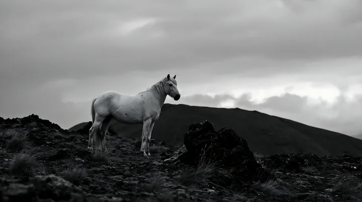 A horse on a dark mountain ridge gazes into the distance as clouds drift across the sky.