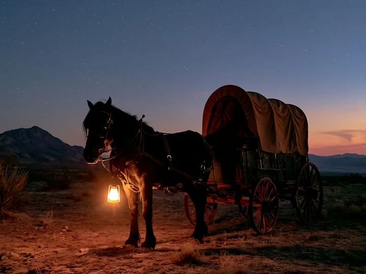 A horse stands beside a wagon in a starlit desert at dusk, illuminated by a lantern.