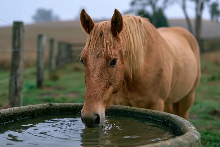 A horse stands near a water trough in a paddock while it rains.