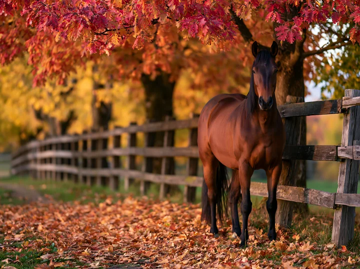 A horse stands near a wooden fence surrounded by colorful autumn trees.