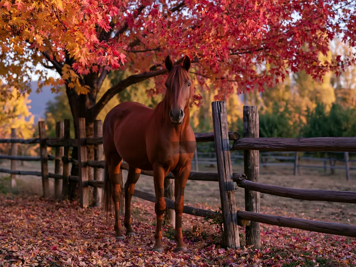 A horse stands near a wooden fence surrounded by vibrant autumn trees.