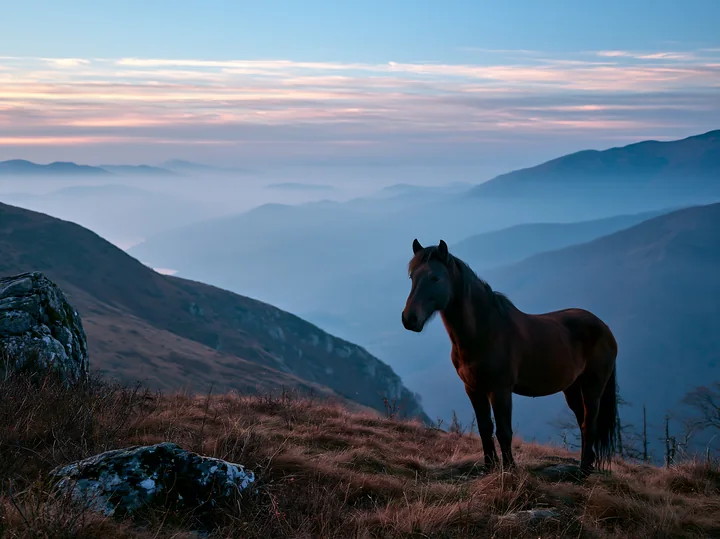 A horse stands on a dark mountain ridge during dusk, overlooking rolling hills and valleys.