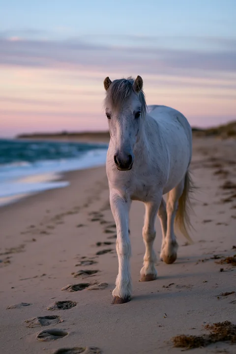 A horse walking on sandy beach leaves footprints in the soft sand by the shoreline as the sun sets in the background, creating a beautiful scene.