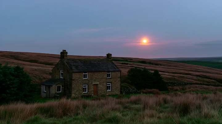 A house beneath a full moon and stars is set in a rural landscape.