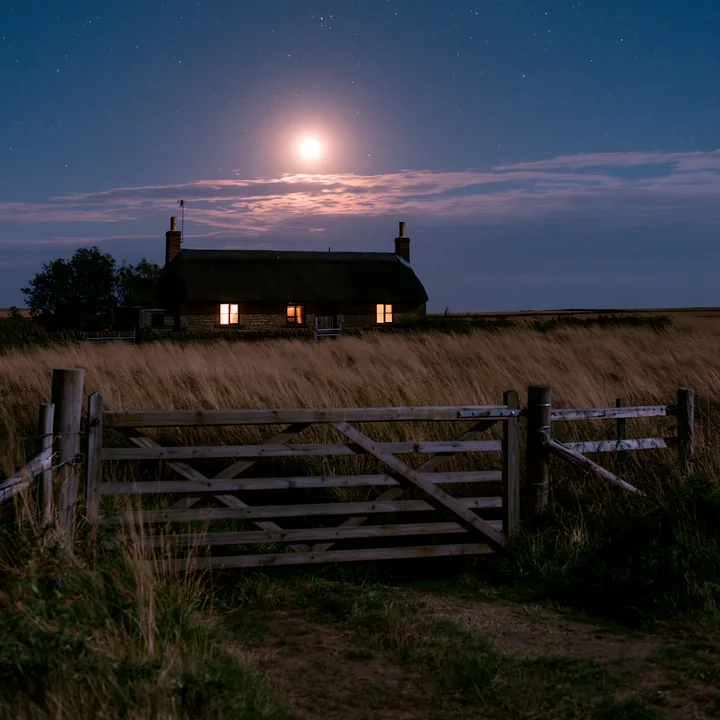 A house beneath a full moon and stars stands in a quiet setting, with tall grass surrounding the structure.