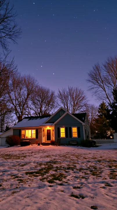 A house clad in snow stands under a clear night sky filled with stars.