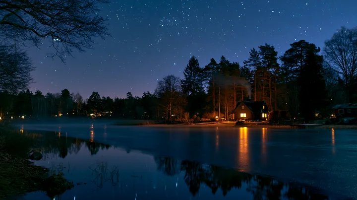 A house emits smoke from its chimney, illuminated by starlight, near a still lake.