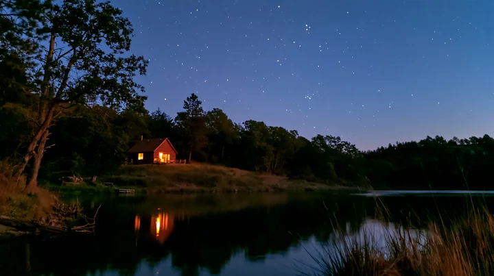 A house on a hill beneath stars shines brightly at night, reflecting on calm water.