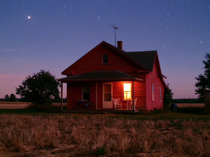 A house stands in a field with a bright window illuminated against a night sky full of stars.