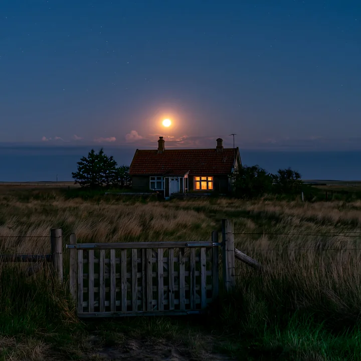 A house stands in a grassy field with the full moon illuminating the night sky.
