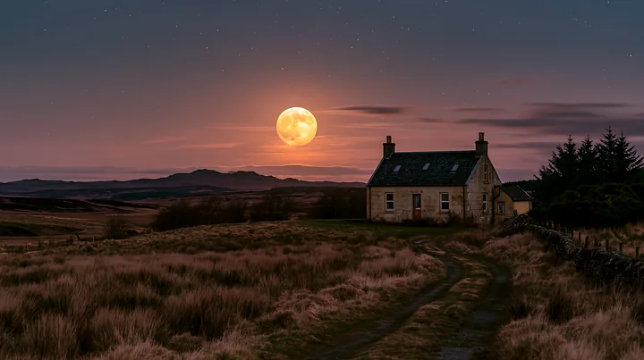 A house stands in a rural setting under a full moon and stars.