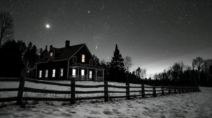 A house stands in the snow with bright windows, surrounded by trees.