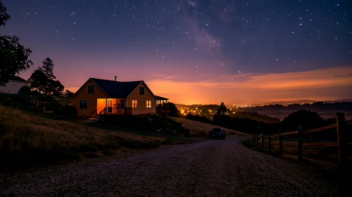 A house stands on a hillside under a clear starry sky.