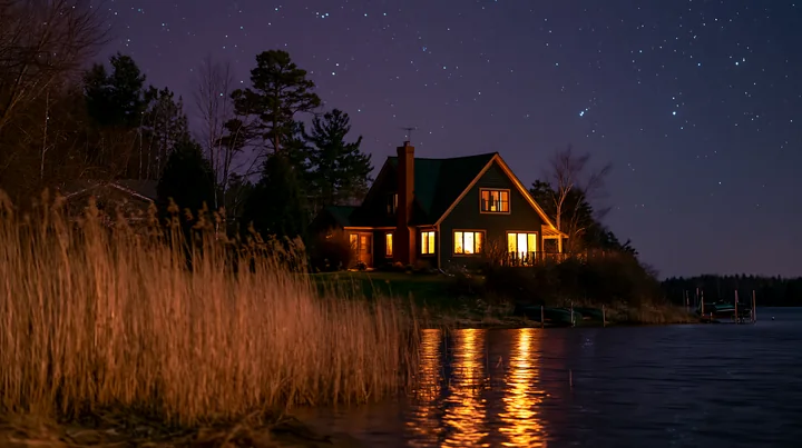 A house under a starry sky with warm lights sits by a lake, with reflections on the water.