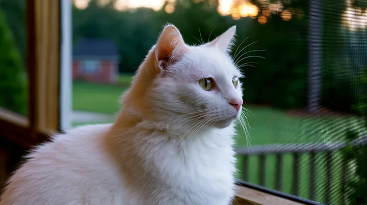 A Khao Manee cat gazes out the window at green grass and trees while the sun sets.