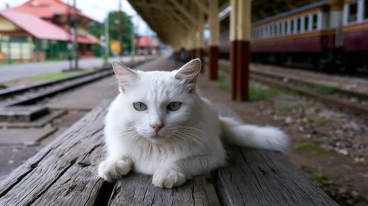 A Khao Manee cat lies on a wooden bench at a train station, looking directly at the camera.