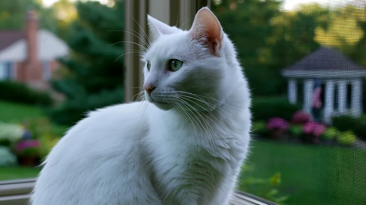 A Khao Manee cat sits by the window, looking outside at a garden with green grass, colorful flowers, and a small building.