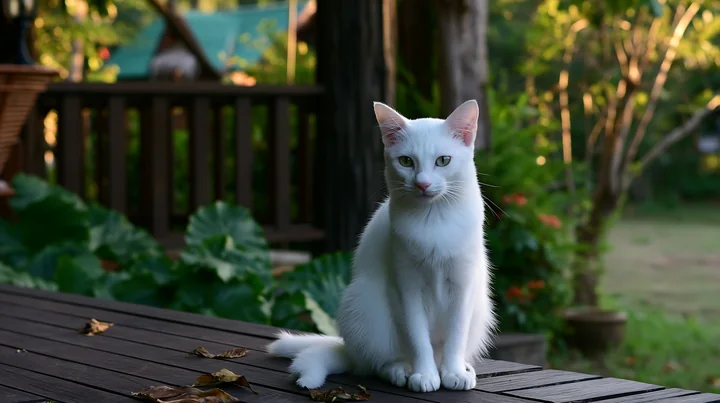 A Khao Manee cat sits on a wooden deck in a garden during sunset.