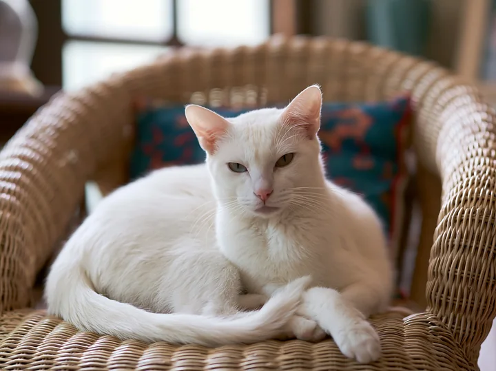 A Khao Manee cat with white fur lies on a wicker chair, looking around in a warm room.