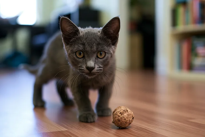 A Korat kitten explores its surroundings while playing with a small brown toy on a wooden floor in a cozy indoor setting.