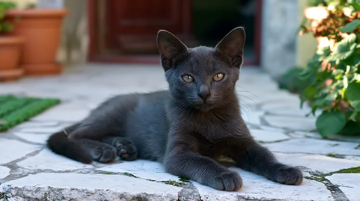 A Korat kitten lies on a stone pathway with greenery around.