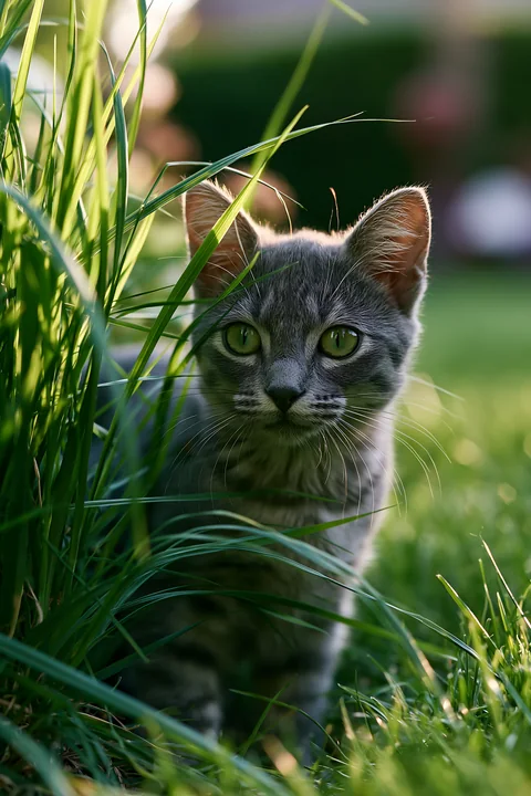 A Korat kitten sits among blades of grass, curiously looking around in a garden setting.