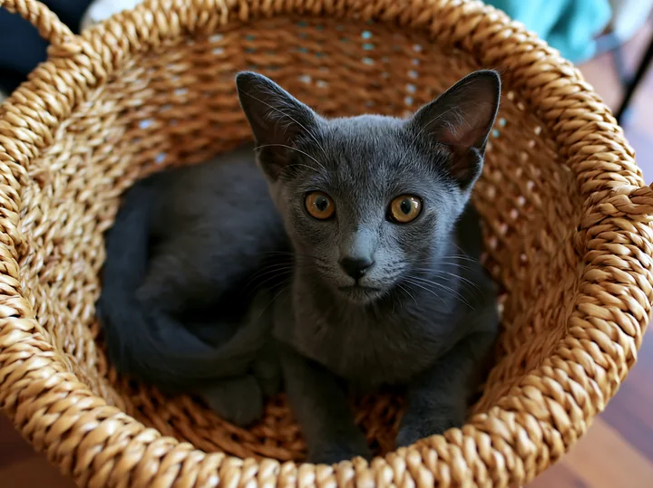 A Korat kitten sits comfortably in a woven basket, showcasing its sleek fur and bright eyes.