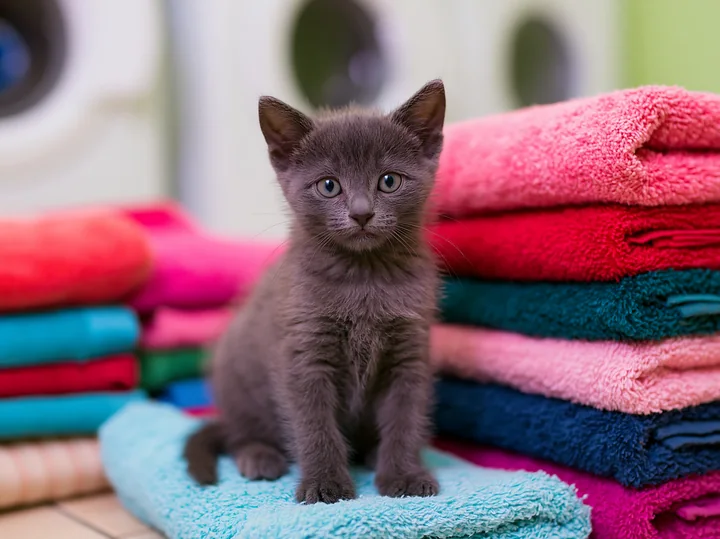 A Korat kitten sits on a blue towel next to a stack of colorful towels in a laundry room.