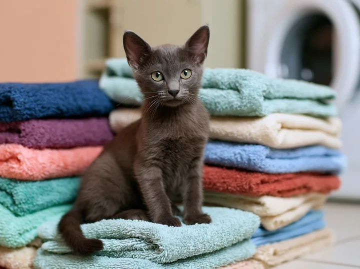 A Korat kitten sits on a pile of neatly folded towels in a home setting.
