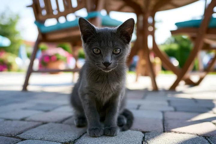 A Korat kitten sits on a stone floor in a garden setting with wooden furniture and plants in the background.